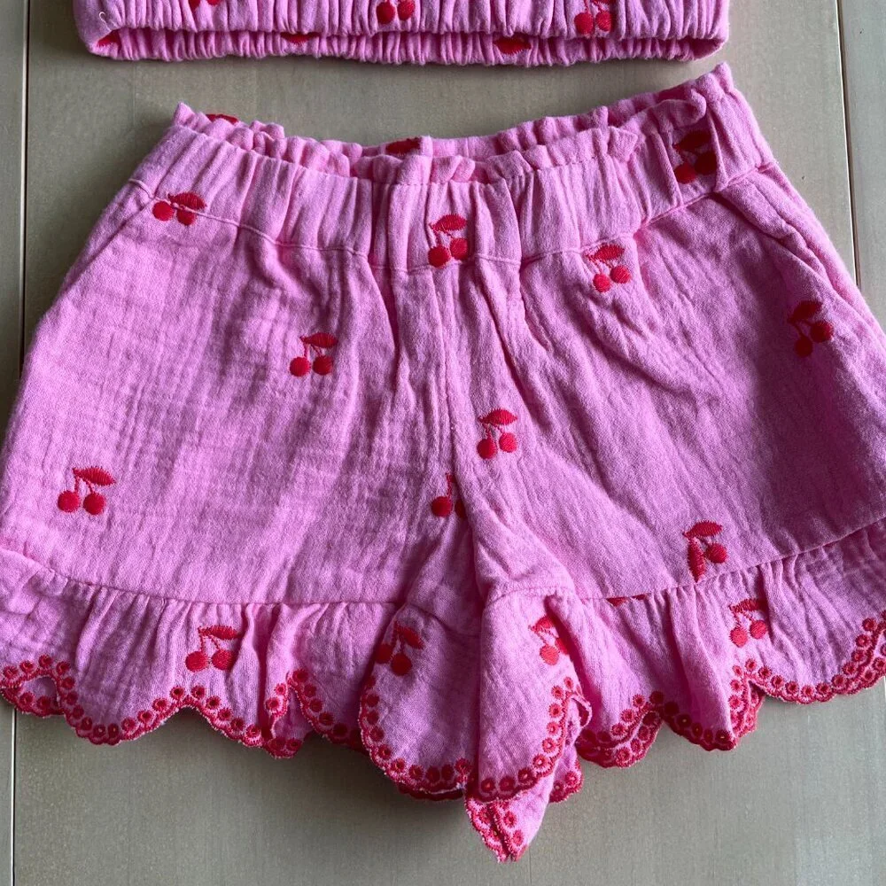 Finding Foxtale Girl's Pink Cherry 100% Cotton Muslin‎ Ruffle Outfit - Size 2